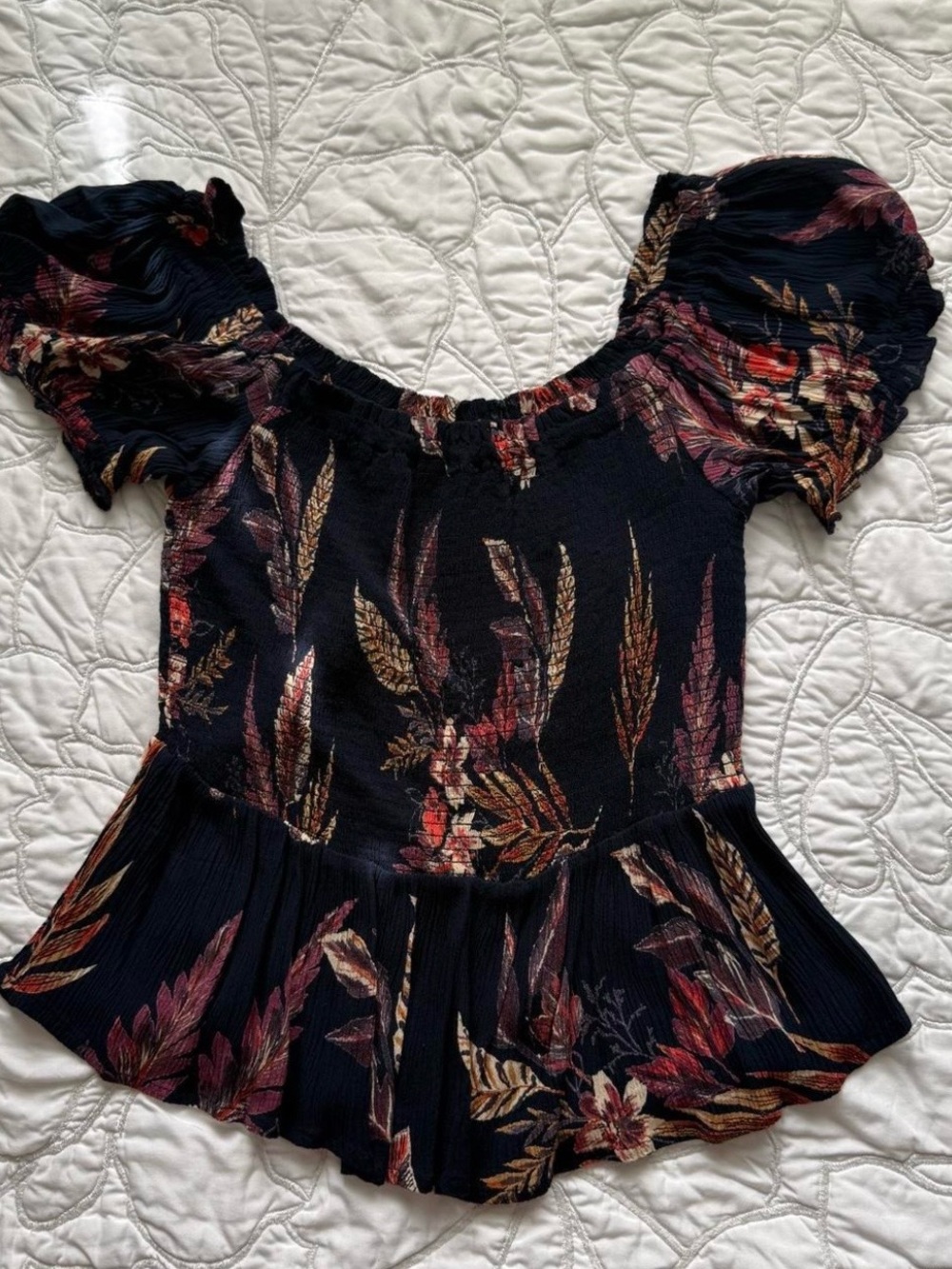 Patrons of Peace Black Floral Puff-Sleeve Peplum Blouse